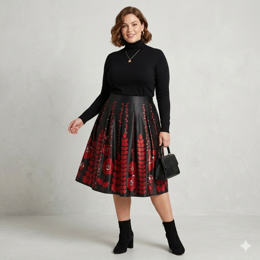 Mossimo Black & Red Floral Pleated A-Line Midi Skirt Size 16W/ 1X Satin Finish